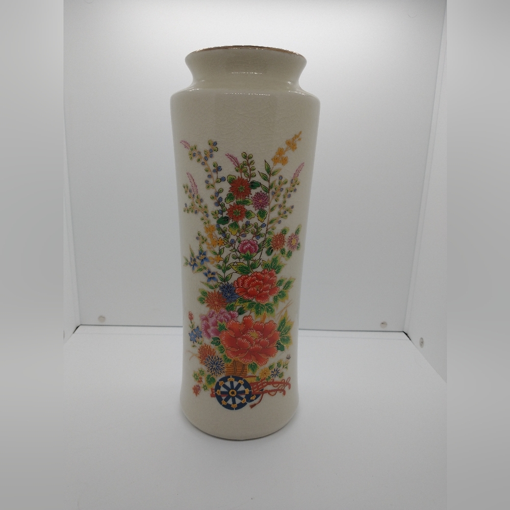 Vintage Japanese Floral Vase Design Hand Painted 11" Tall Beige Colored Flowers